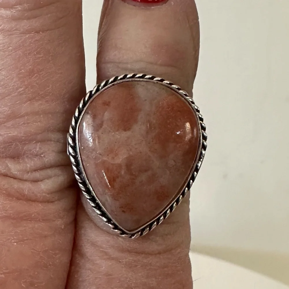 Sunstone gemstone silver overlay‎ stamped 925 ring size adjustable